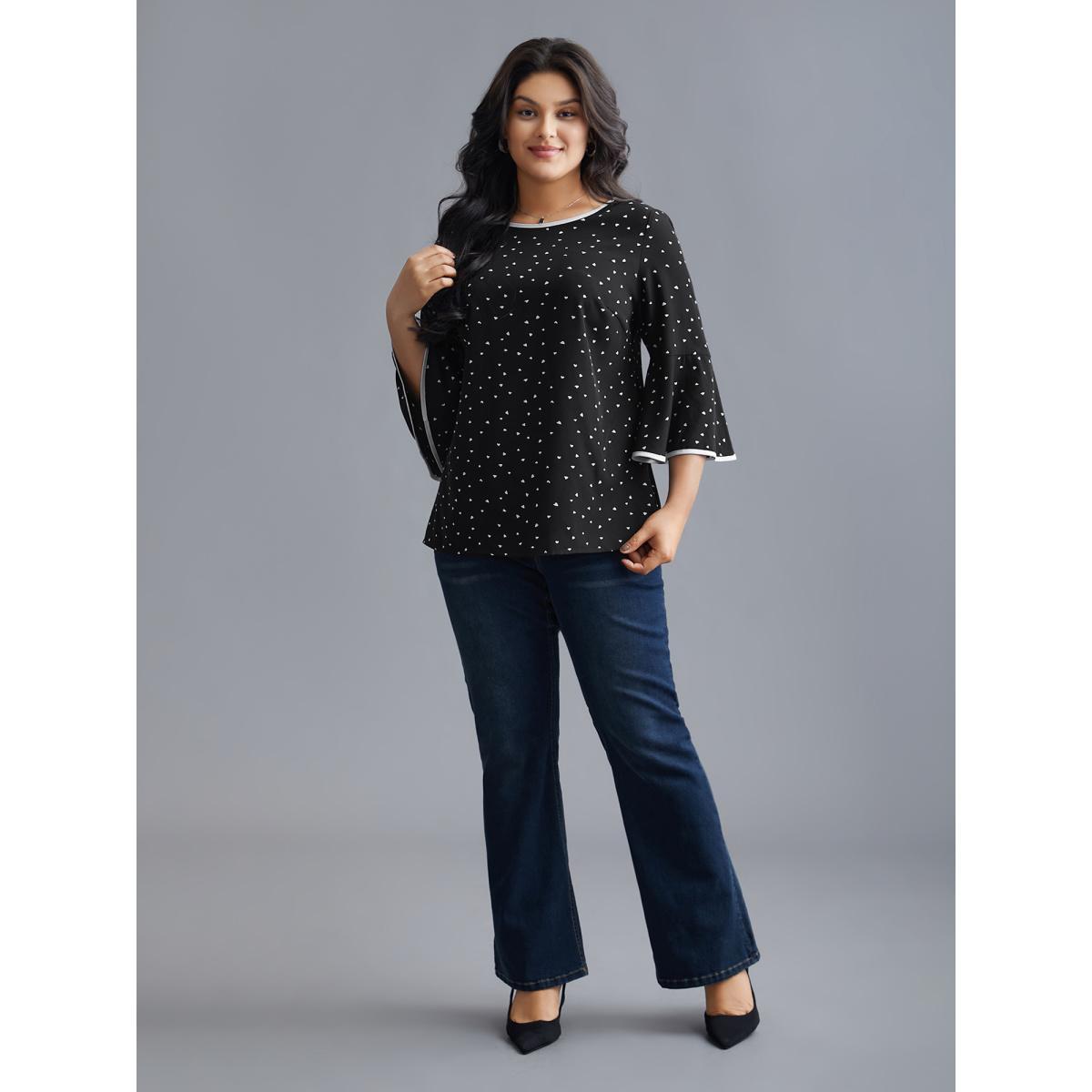 Plus Size Black Heart Print Bell Sleeve Patchwork Blouse Women Elegant Elbow-length sleeve Round Neck Everyday Blouses BloomChic 30/6X Product Image