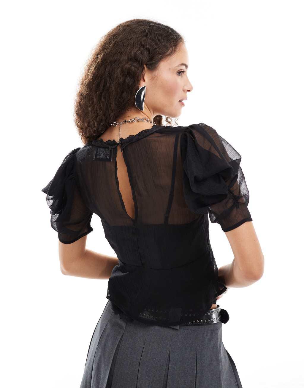 Reclaimed Vintage tea blouse top in black with lace detail Product Image