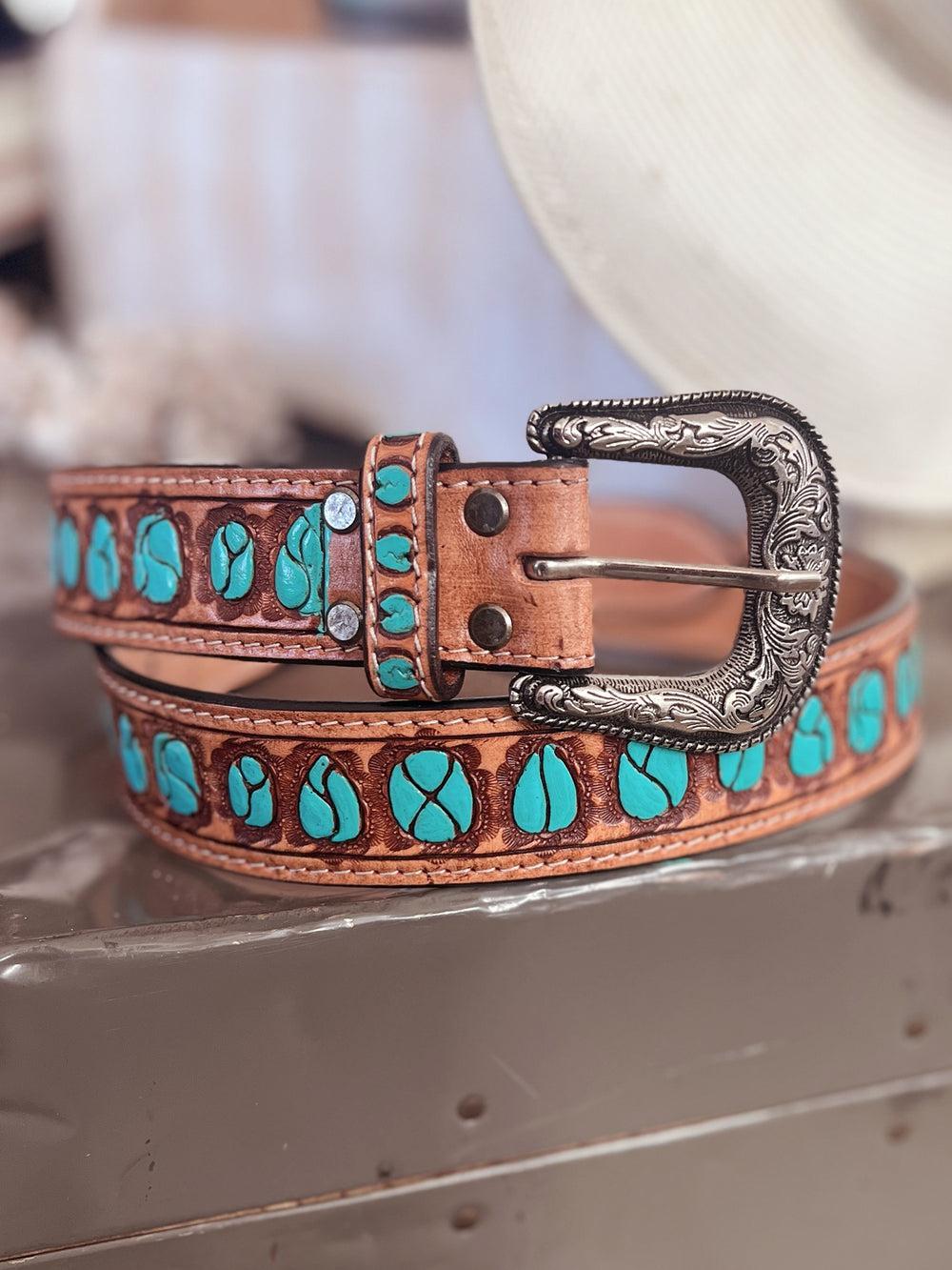 American Darling Hand Painted Turquoise Stones Leather Belt Product Image