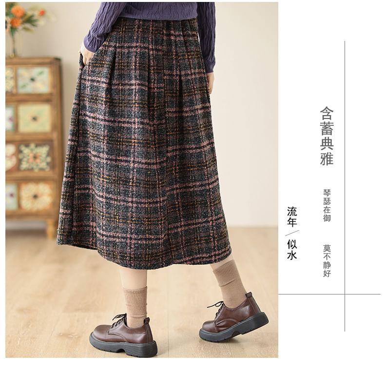 High Waist Plaid Midi A-Line Skirt Product Image