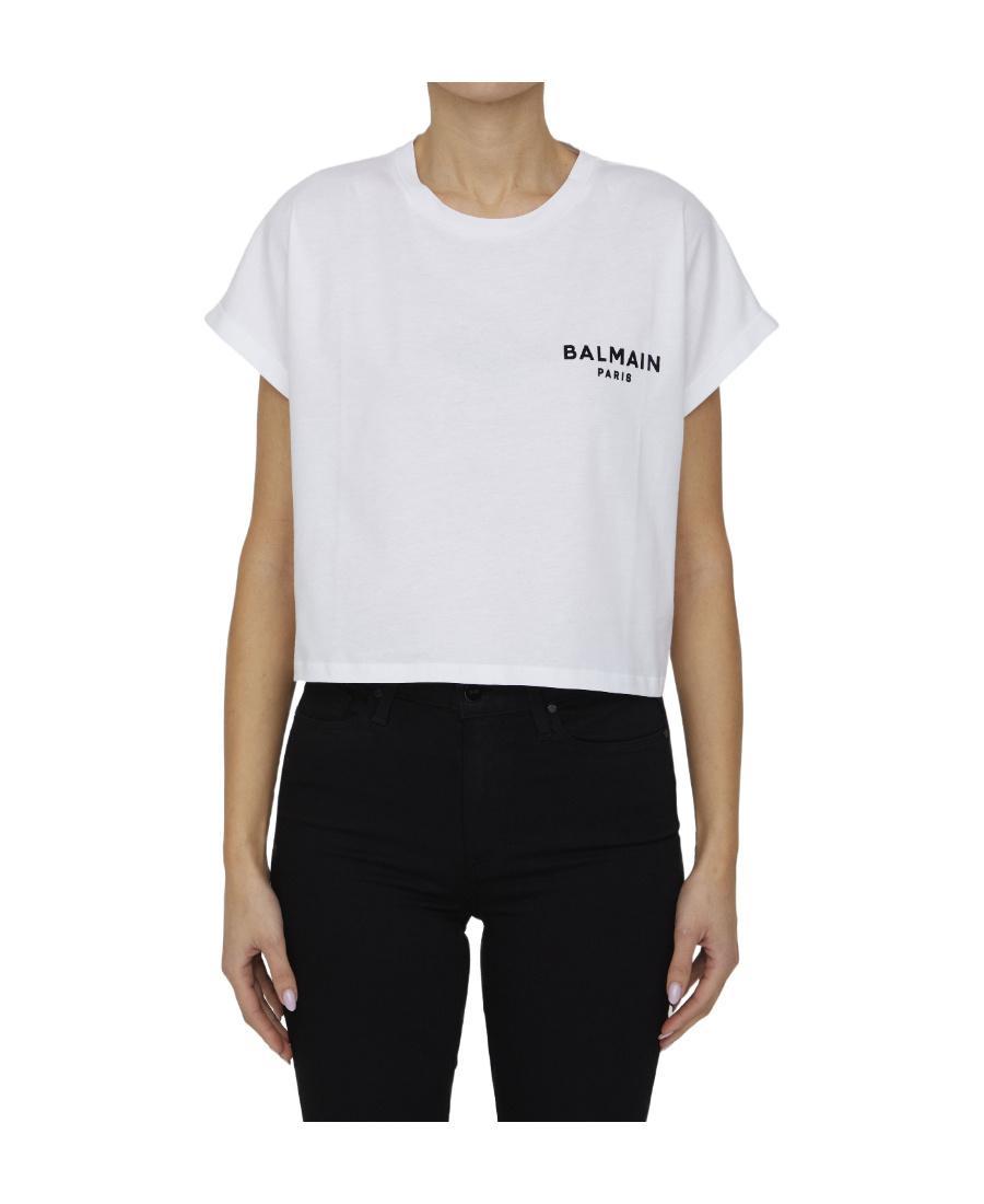 BALMAIN Cropped Flocked Cotton-jersey T-shirt In White Silver Product Image