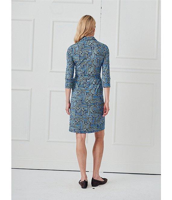 J.McLaughlin Brynn Abstract Printed Knit Point Collar 3/4 Sleeve Button Front Shirt Dress Product Image
