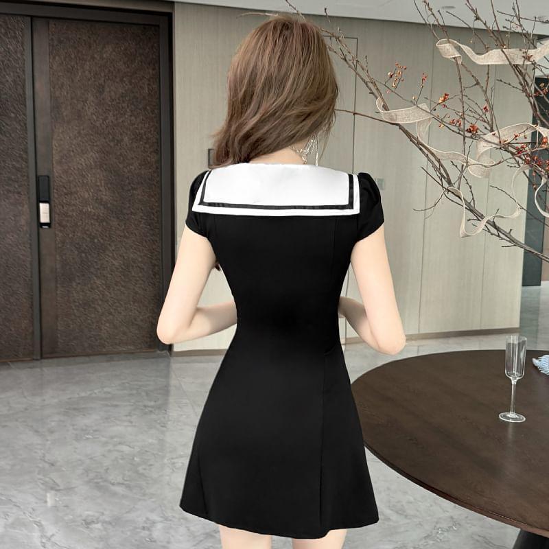 Short Sleeve V-Neck Striped Button Mini A-Line Dress Product Image