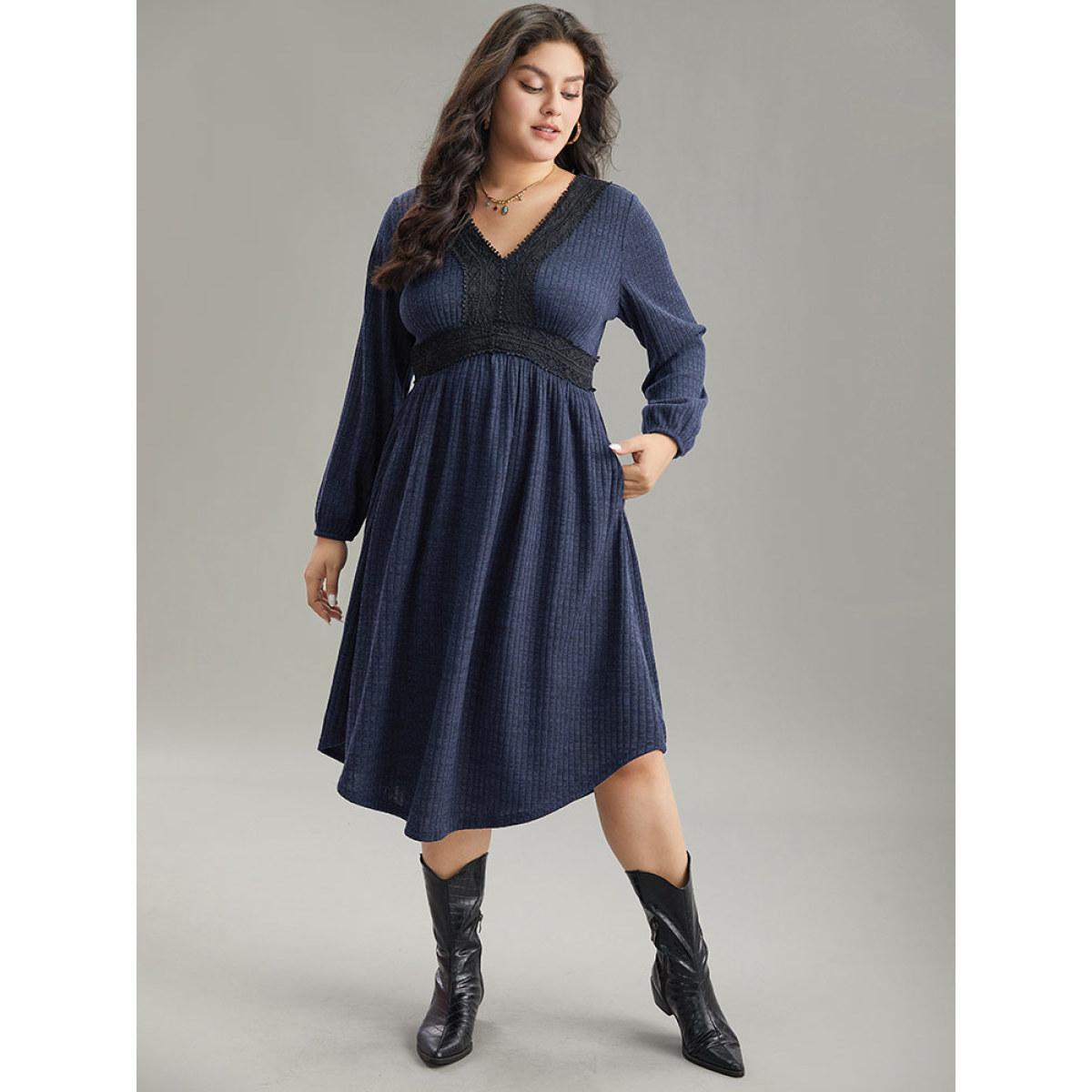 Plus Size Rib Knit Lace Panel Contrast Pocket Dress DarkBlue Women Casual Elastic cuffs V-neck Long Sleeve Curvy Midi Dress BloomChic 30/6X Product Image