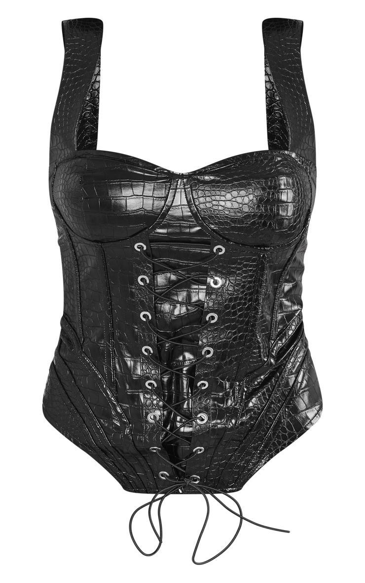 Deep Black Faux Croc Leather Lace Up Longline Corset Product Image