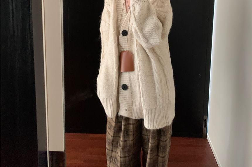 Oversized Cable-Knit V-Neck Cardigan / Plaid Wide-Leg Pants Product Image