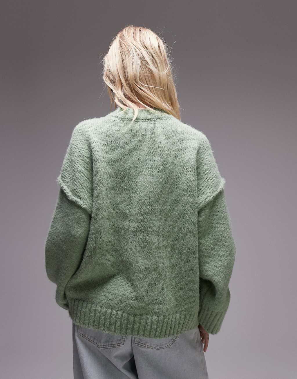 Topshop knit fluffy ribbed detail exposed seam crew oversized sweater in light green Product Image