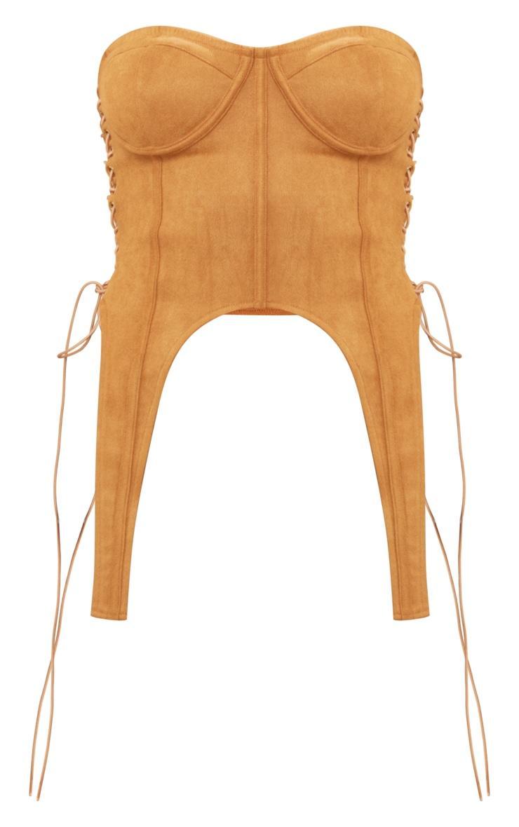 Tan Faux Suede Binded Eyelet Lace Up Side Suspender Detail Corset Product Image