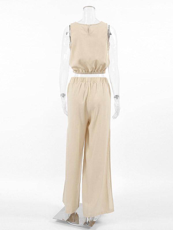 Loose Elasticity Solid Color Split-Joint Round-Neck Vest + High Waisted Split-Side Pants Two Pieces Set Product Image