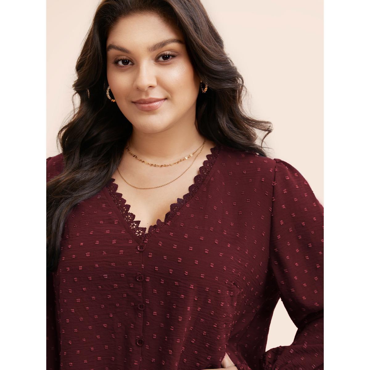 Plus Size Burgundy Textured Lace Trim Patchwork Ruffles Blouse Women Elegant Long Sleeve V-neck Everyday Blouses BloomChic 28/5X Product Image