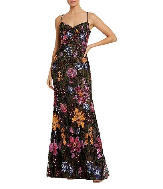 Mac Duggal Sweetheart Neck Sleeveless Floral Sequin Embroidered Mesh Sheath Gown Product Image