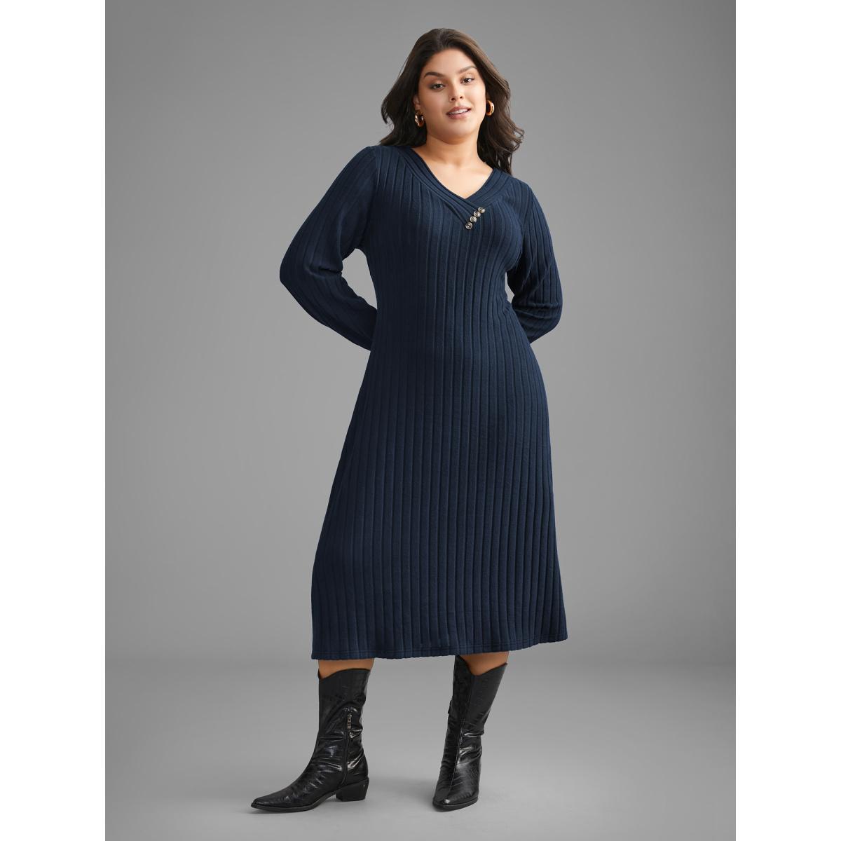 Plus Size Plain Rib Knit Button Detail Dress DarkBlue Women Casual Texture Knit Dresses Bloomchic 10/M Product Image