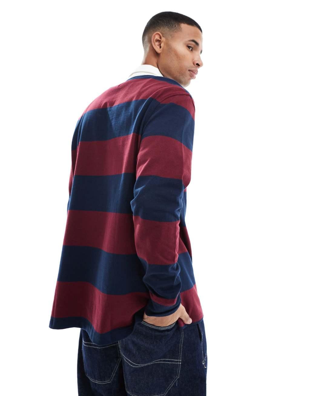 Tommy Jeans stripe rugby top in navy and burgundy Product Image