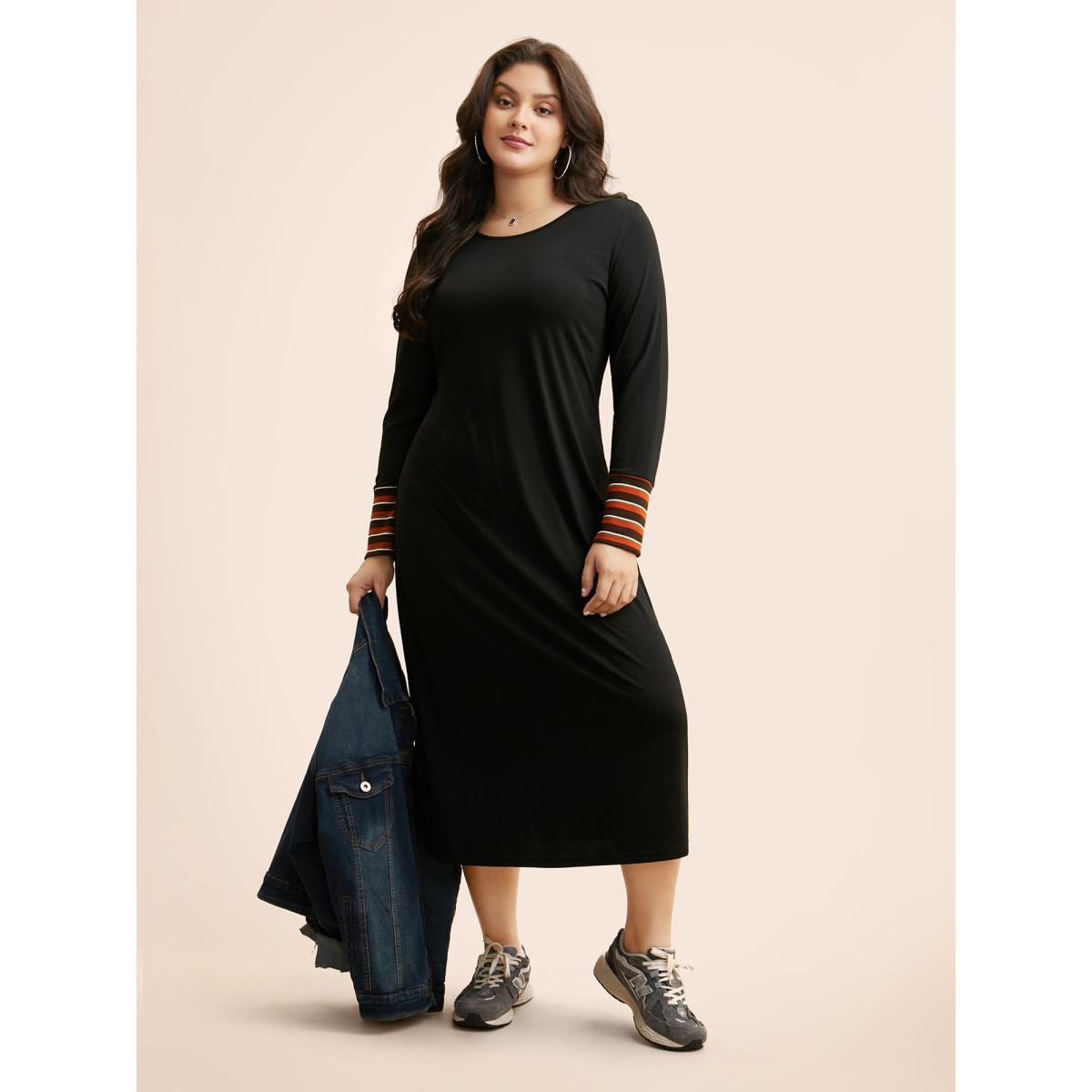 Plus Size Crew Neck Striped Patchwork Dress Black Women Casual Texture Round Neck Long Sleeve Curvy BloomChic 30/6X Product Image