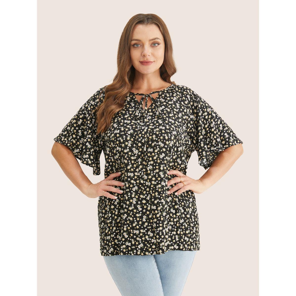 Plus Size Black Ditsy Floral Ruffle Sleeve Tie Neck Blouse Women Elegant Short sleeve V-neck Everyday Blouses BloomChic 18-20/2X Product Image