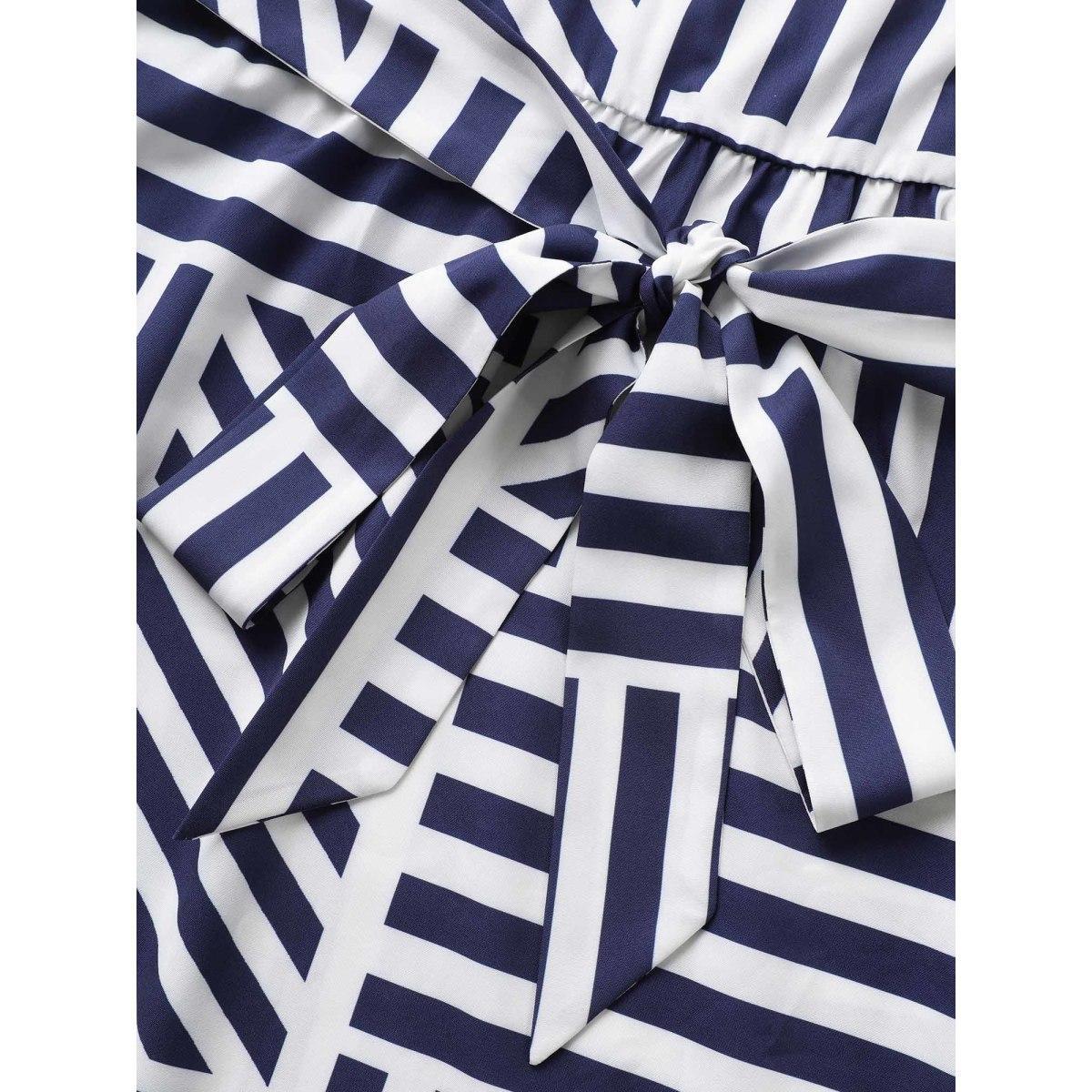 Plus Size Striped Notched Collar Belted Midi Dress DarkBlue Women At the Office Belted Notched collar Half Sleeve Curvy BloomChic 28/5X Product Image