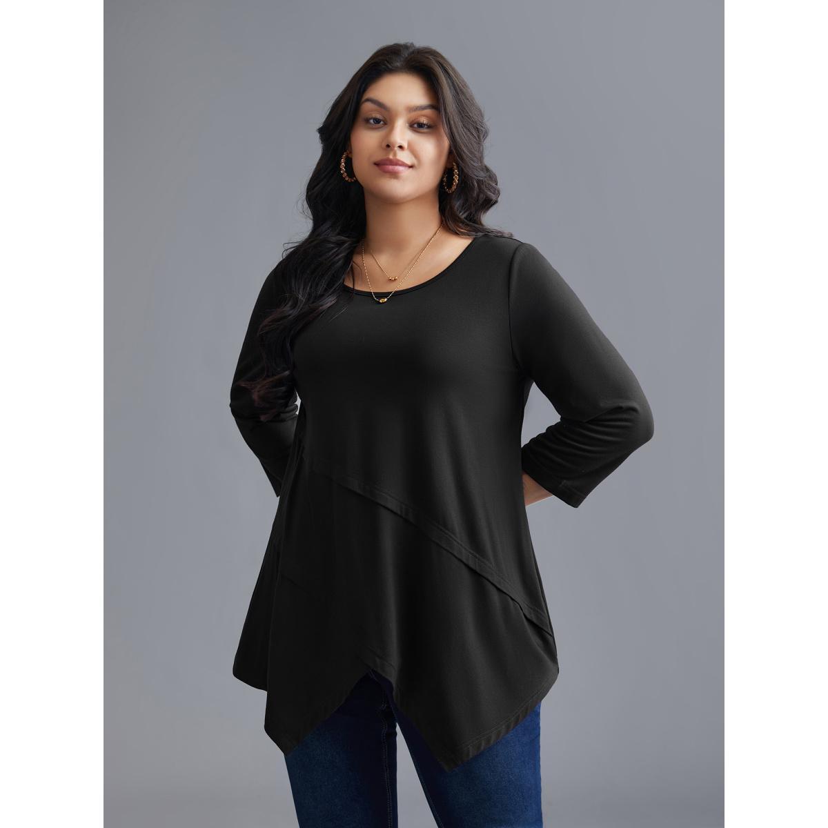 Plus Size Asymmetrical Hem Overlap Long T-shirt Black Women Elegant Tucked seam Round Neck Loose Everyday T-shirts BloomChic 30/6X Product Image
