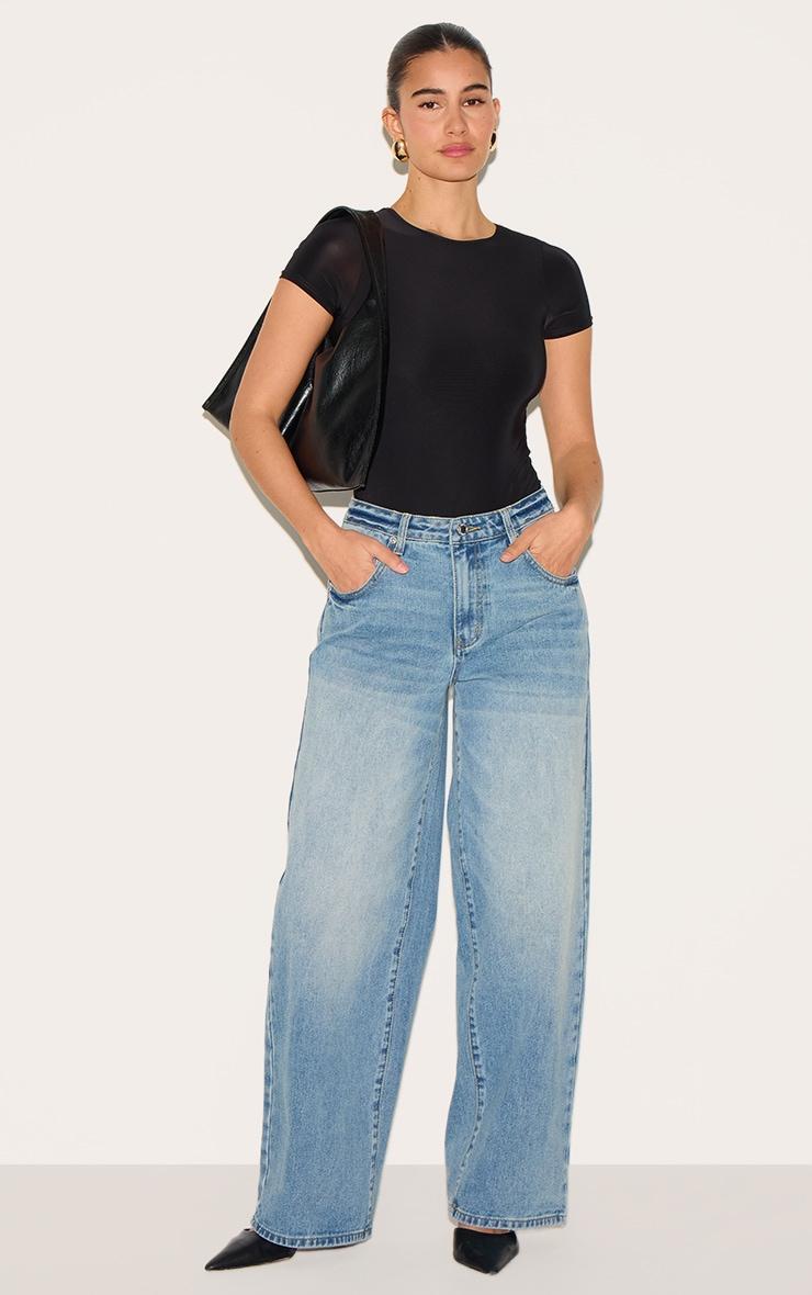 Black Basic Slinky Short Sleeve Bodysuit Product Image