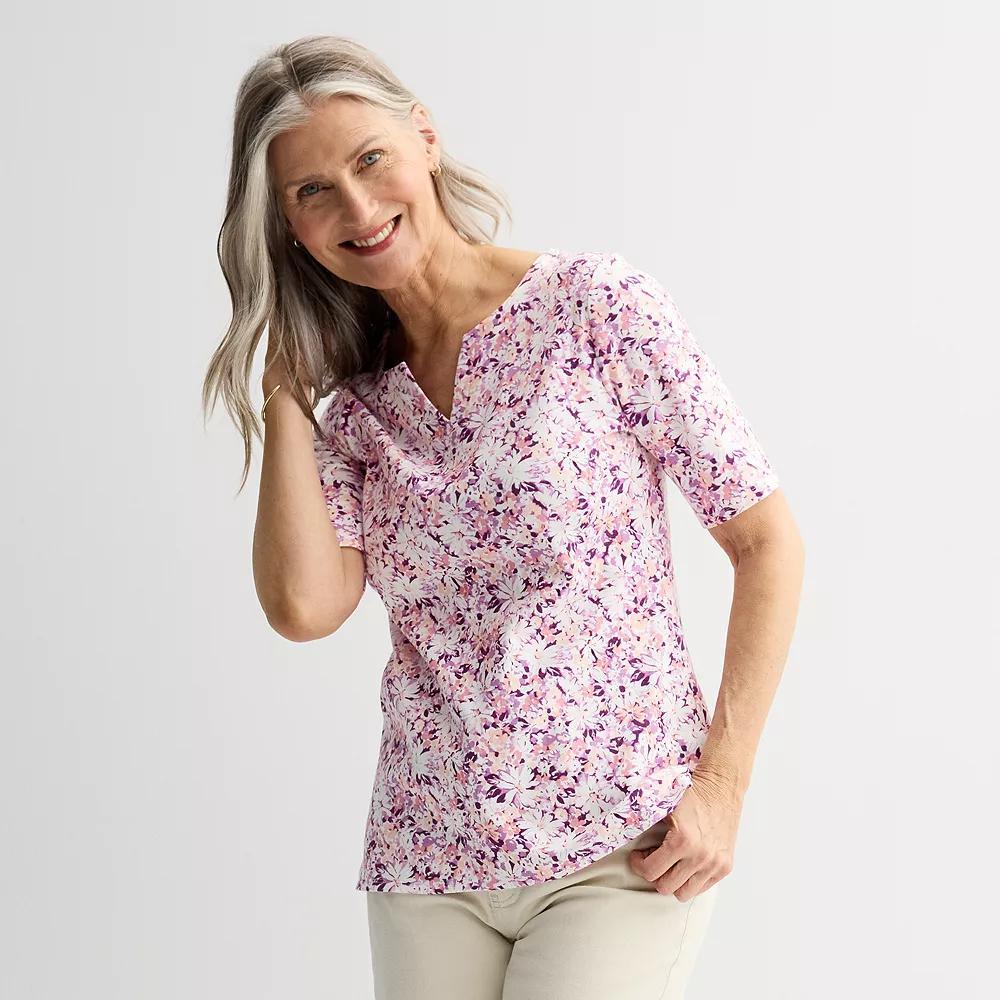 Women's Croft & Barrow® Elbow-Sleeve Splitneck Top, Size: Medium, Purple Team Floral Product Image