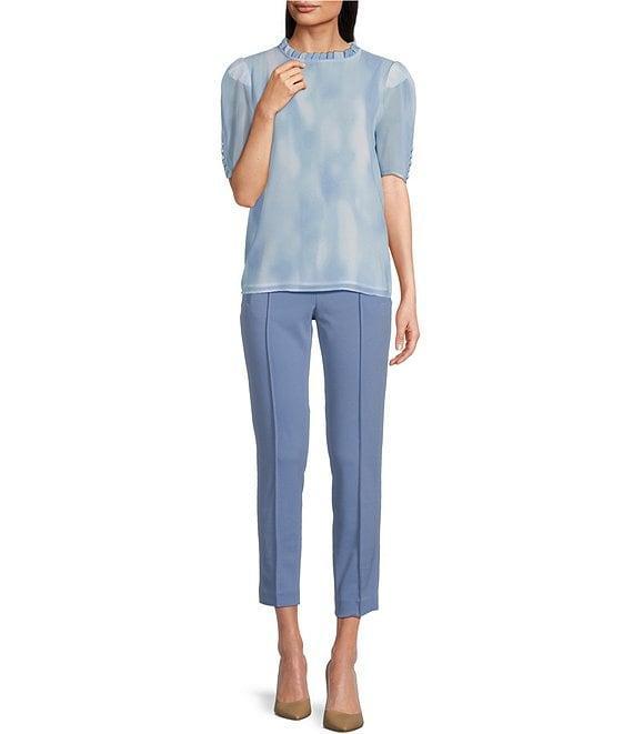 Calvin Klein Printed Ruffle Mock Neck Short Sleeve Keyhole Button Back Blouse Product Image