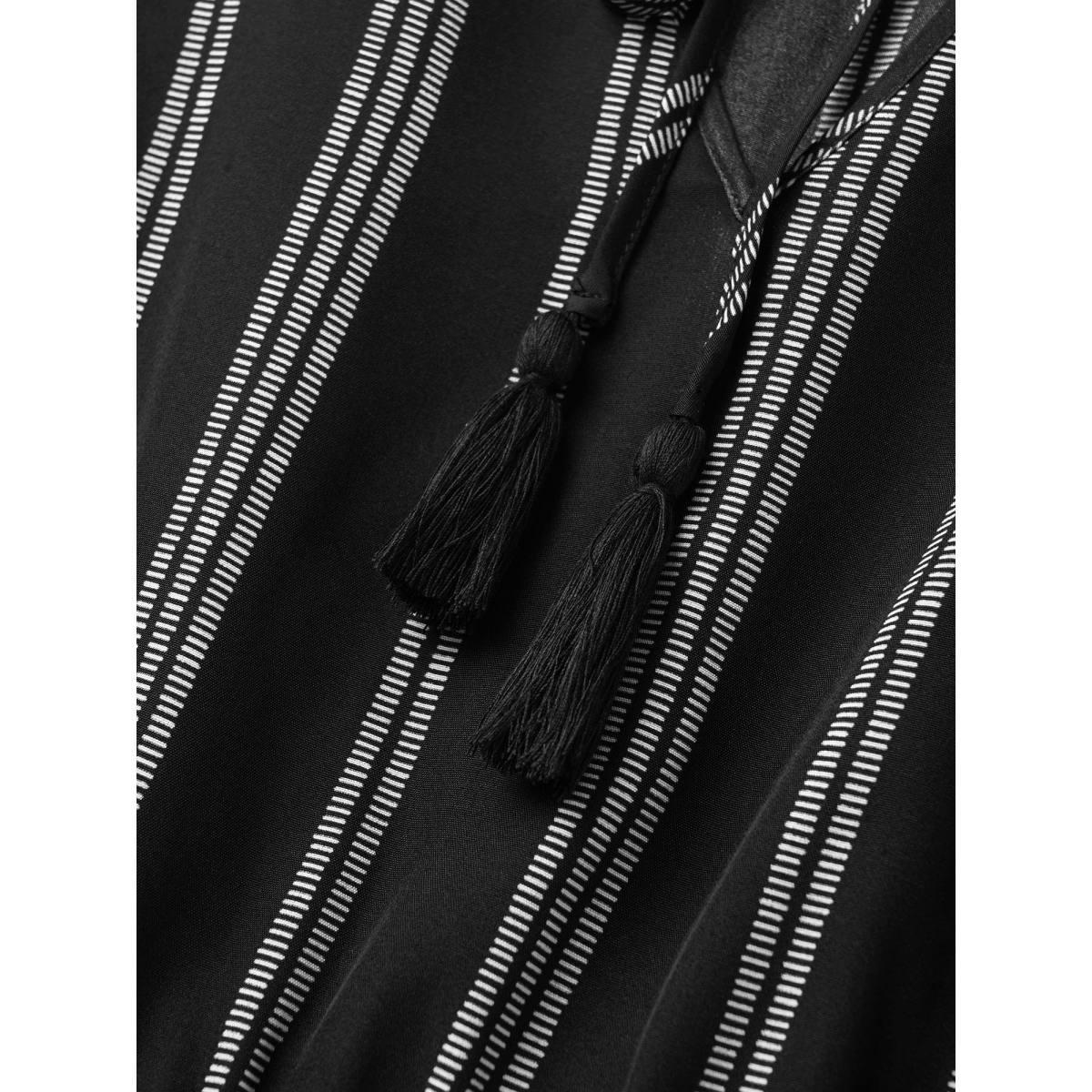 Plus Size Striped Patchwork Tassels Ties Shirred Dress Black Women Boho Non V-neck Short sleeve Curvy Midi Dress BloomChic 14-16/1X Product Image