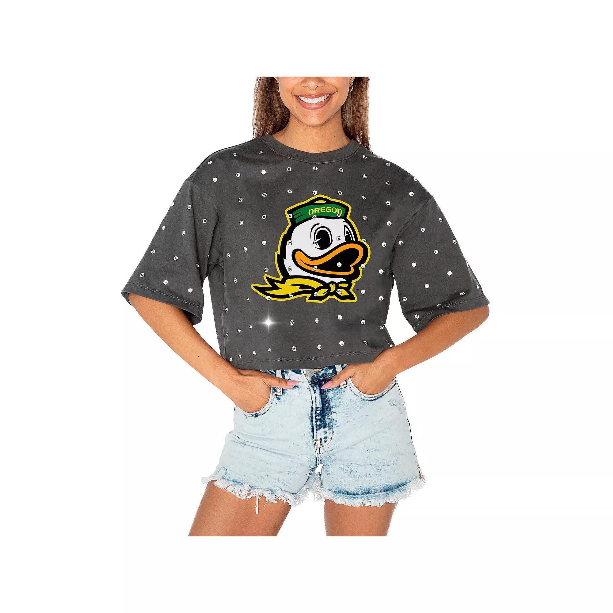Women's Gameday Couture Gray Oregon Ducks Go Time Rhinestone Crop T-Shirt,  Product Image