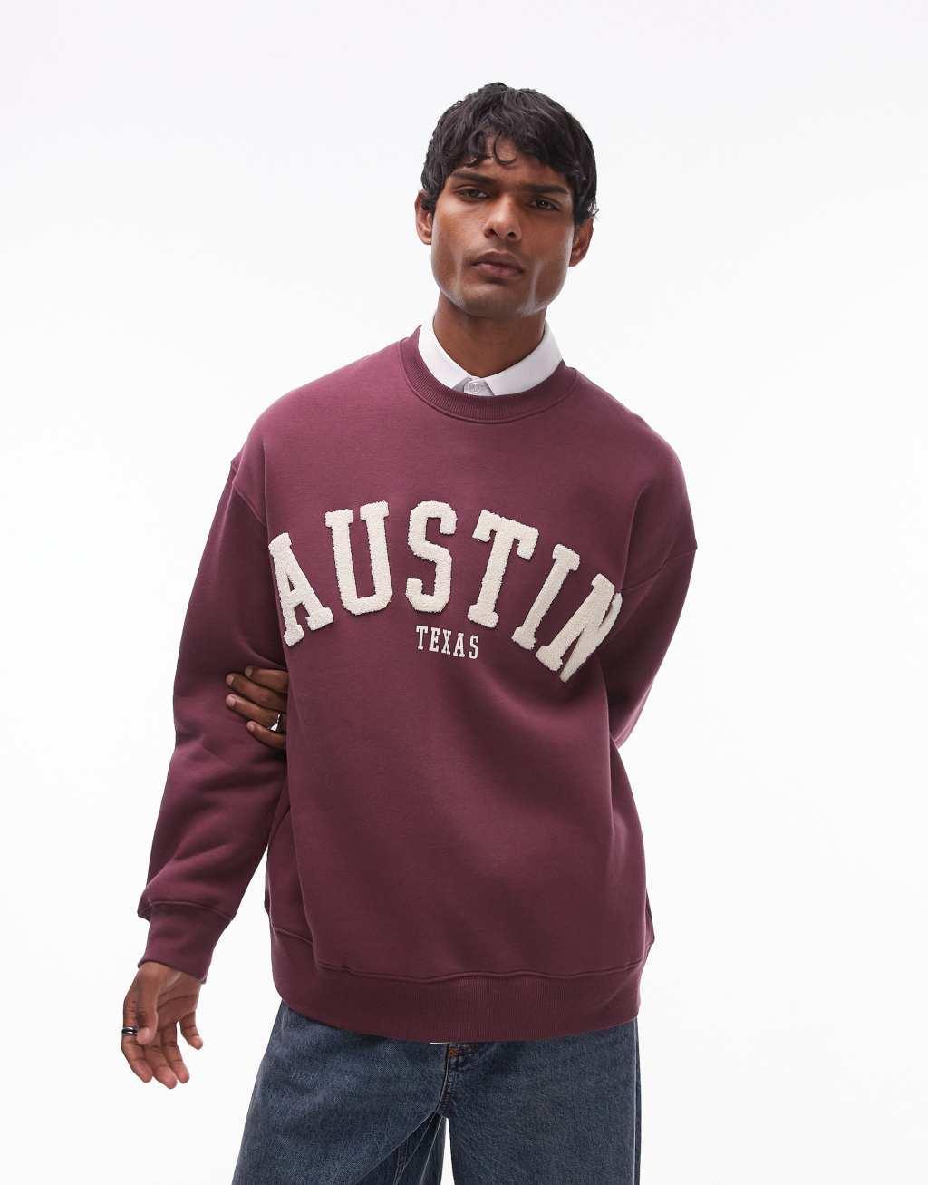 Topman oversized fit sweatshirt with Austin chenille embroidery in burgundy Product Image