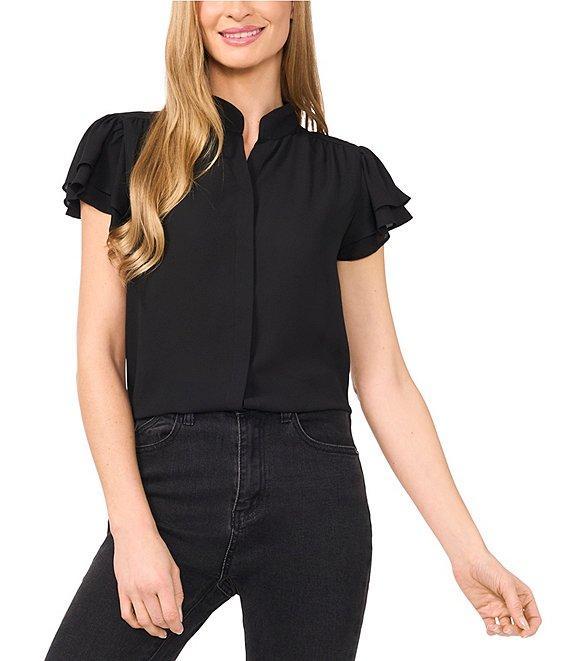 CeCe Woven Mandarin Collar Flutter Short Sleeve Blouse Product Image