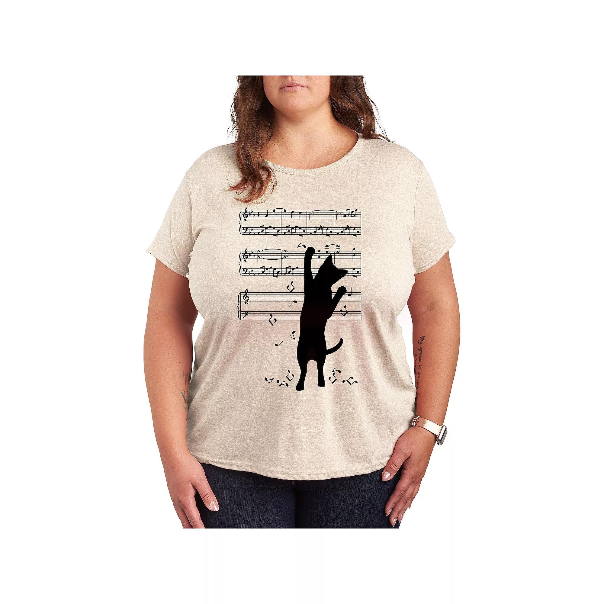 Plus Cat Playing Music Graphic Tee, Women's, Size: 3XL, Beige Product Image