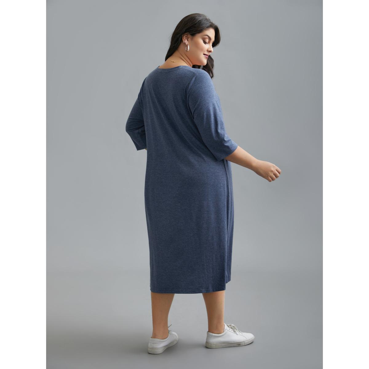 Plus Size 2-In-1 Square Neck Floral Dress DarkBlue Women Casual Patchwork Knit Dresses Bloomchic 12/L Product Image