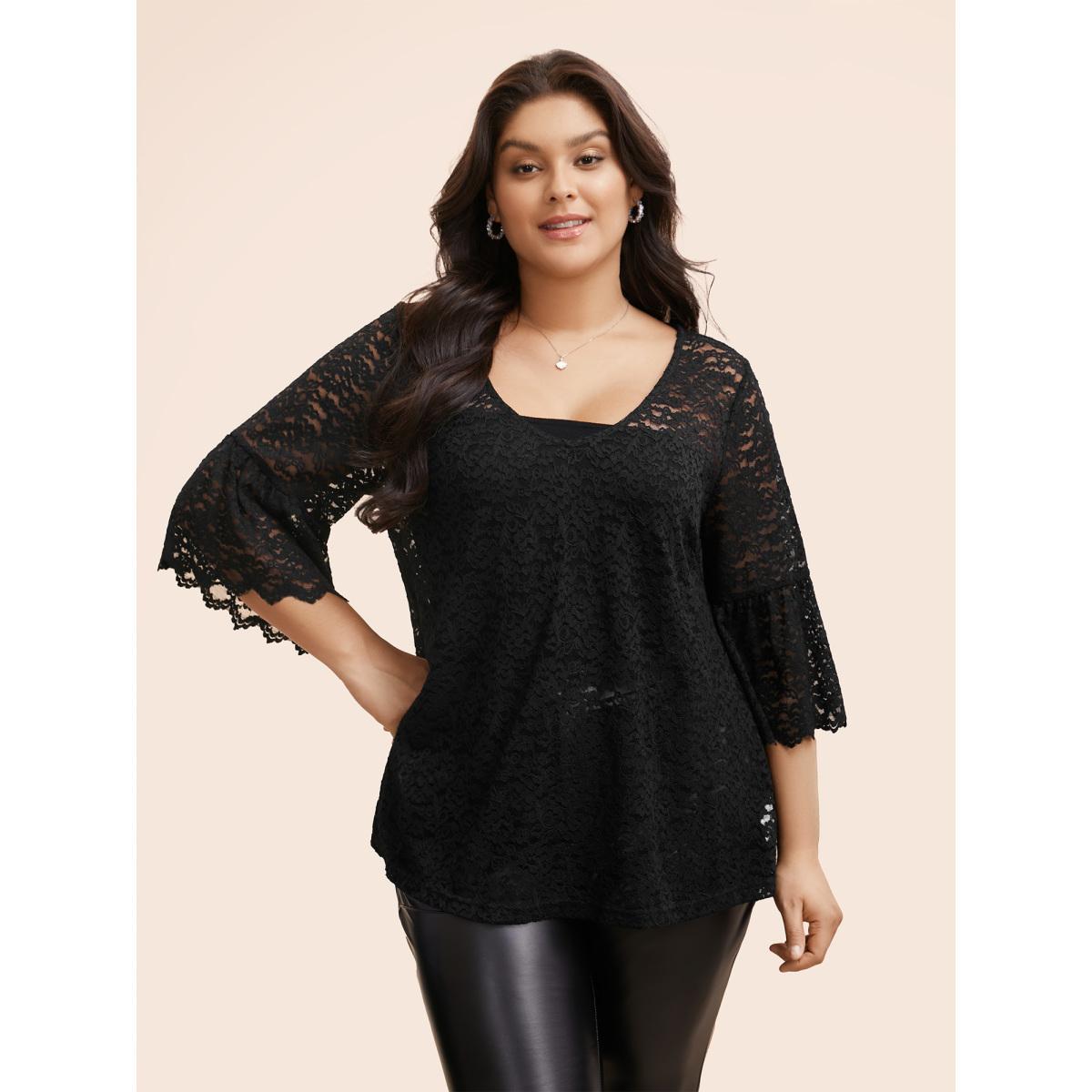 Plus Size Black Stretch Lace Mesh Ruffle Trim Blouse Women Elegant Elbow-length sleeve V-neck Everyday Blouses BloomChic 12/L Product Image