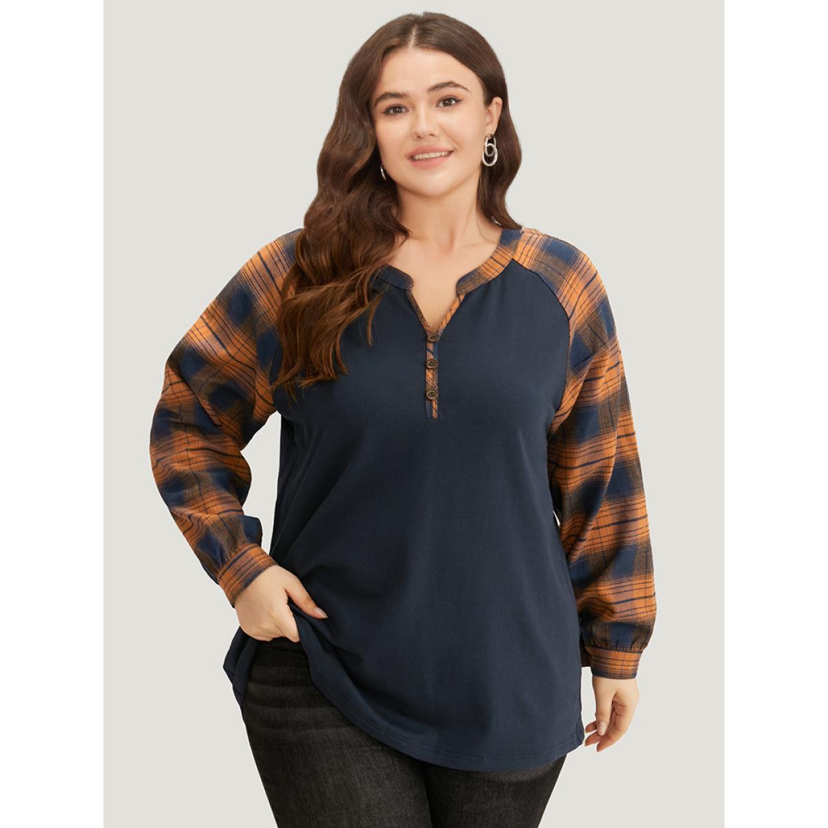 Plus Size Plaid Patchwork Notched Button Detail Sweatshirt Women Chocolate Leisure Patchwork Notched collar Casual Sweatshirts BloomChic 26/4X Product Image