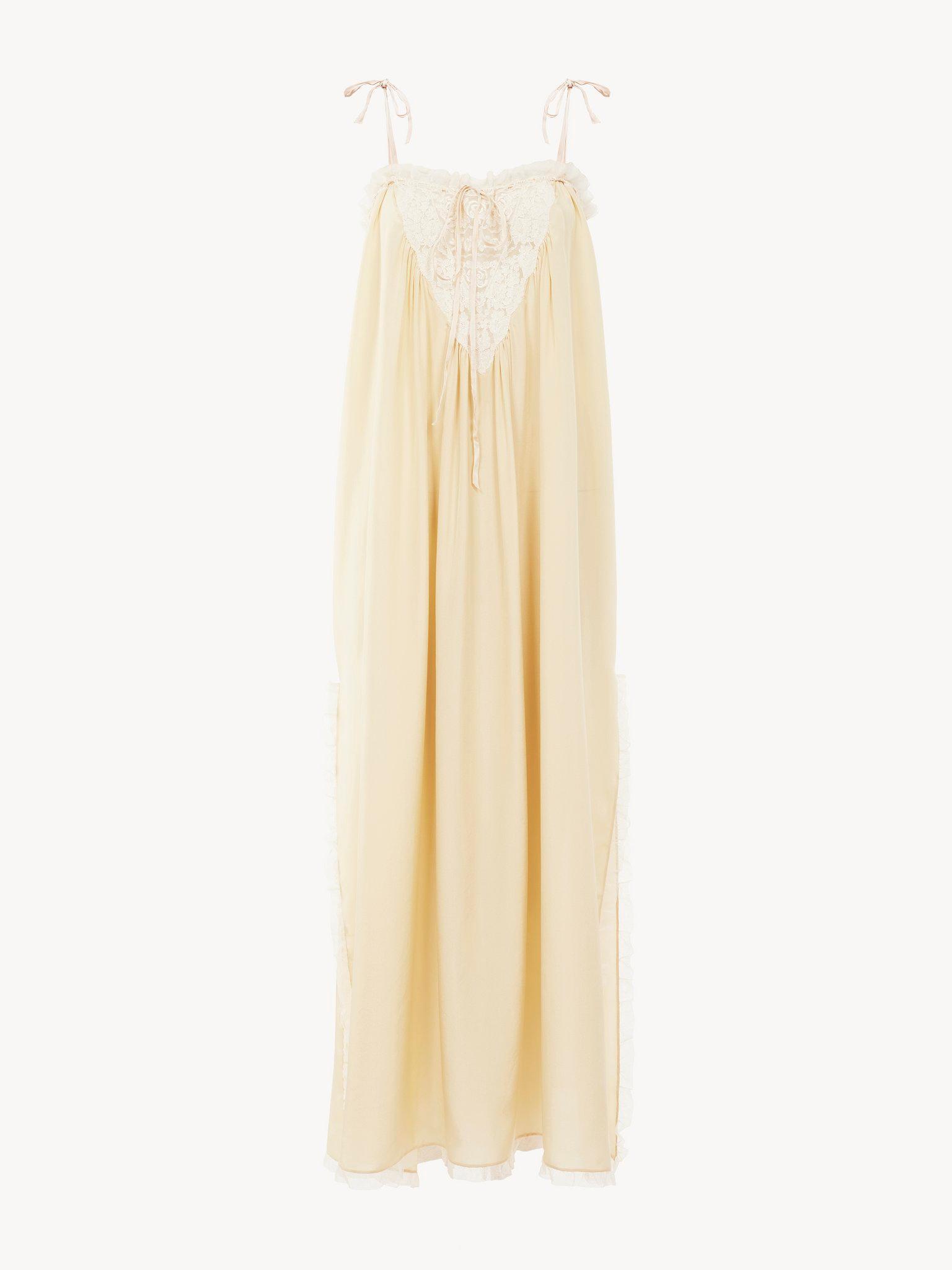 Ruffled long dress in silk habotai & lace Product Image