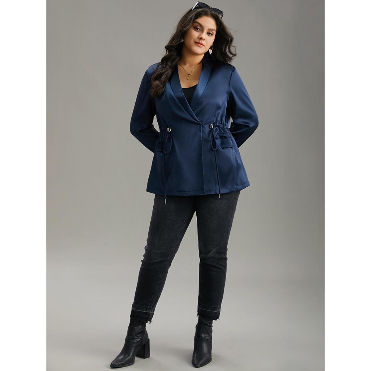 Plus Size Suit Collar Flap Pocket Drawstring Ties Blazer DarkBlue Women Office Plain Plain Sleeve Long Sleeve Suit Collar 22-24/3X Pocket Work From Home Blazers BloomChic Product Image
