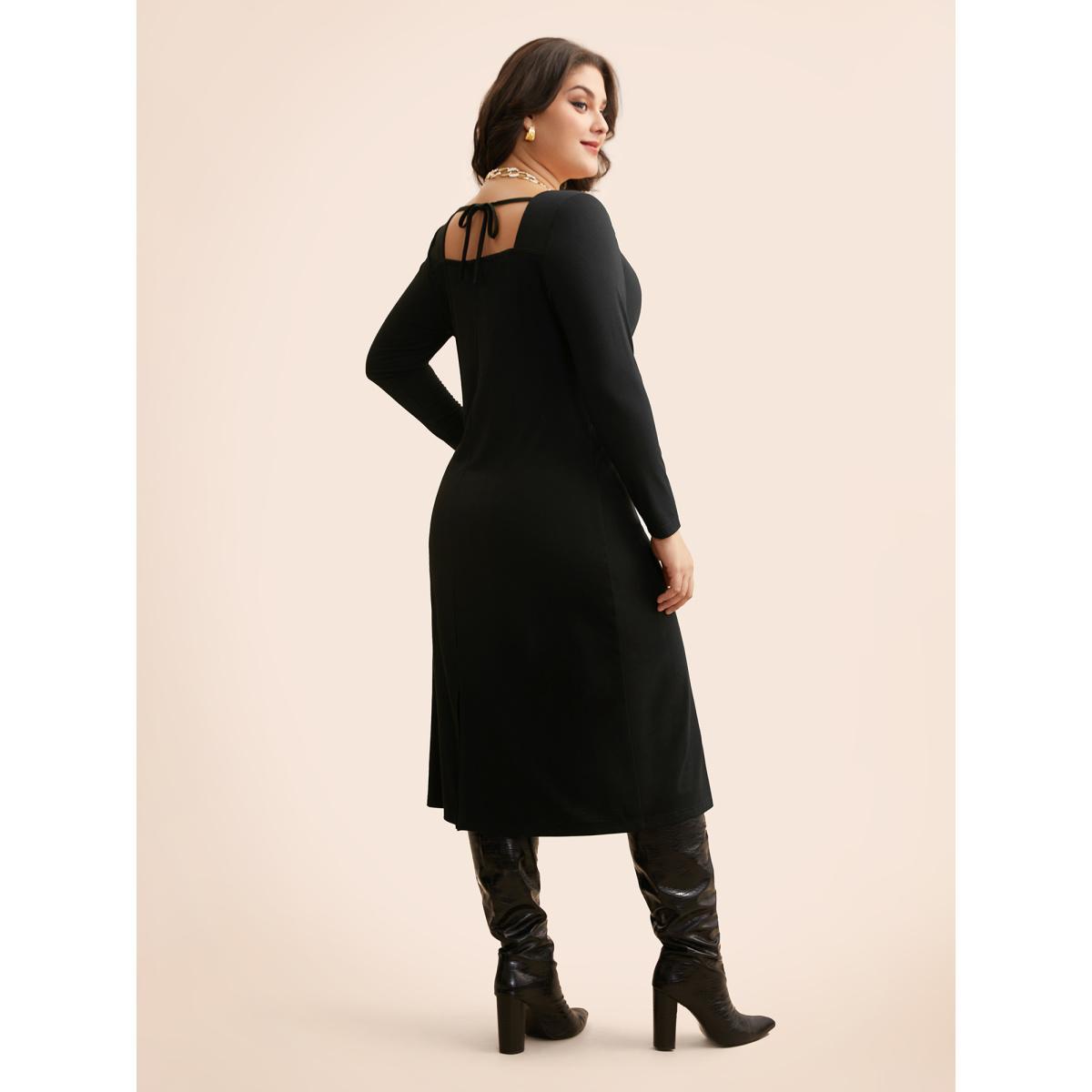 Plus Size Leopard Print Square Neck Tie Knot Dress Black Women Elegant Tie knot Square Neck Long Sleeve Curvy BloomChic 22-24/3X Product Image