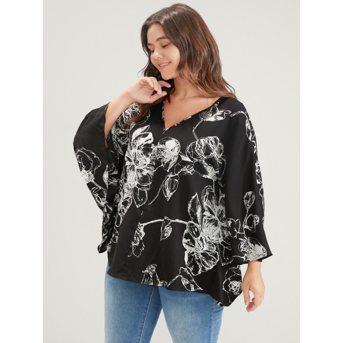Plus Size Black Floral Print V Neck Dolman Sleeve Blouse Women Elegant Long Sleeve V-neck Dailywear Blouses BloomChic 26/4X Product Image