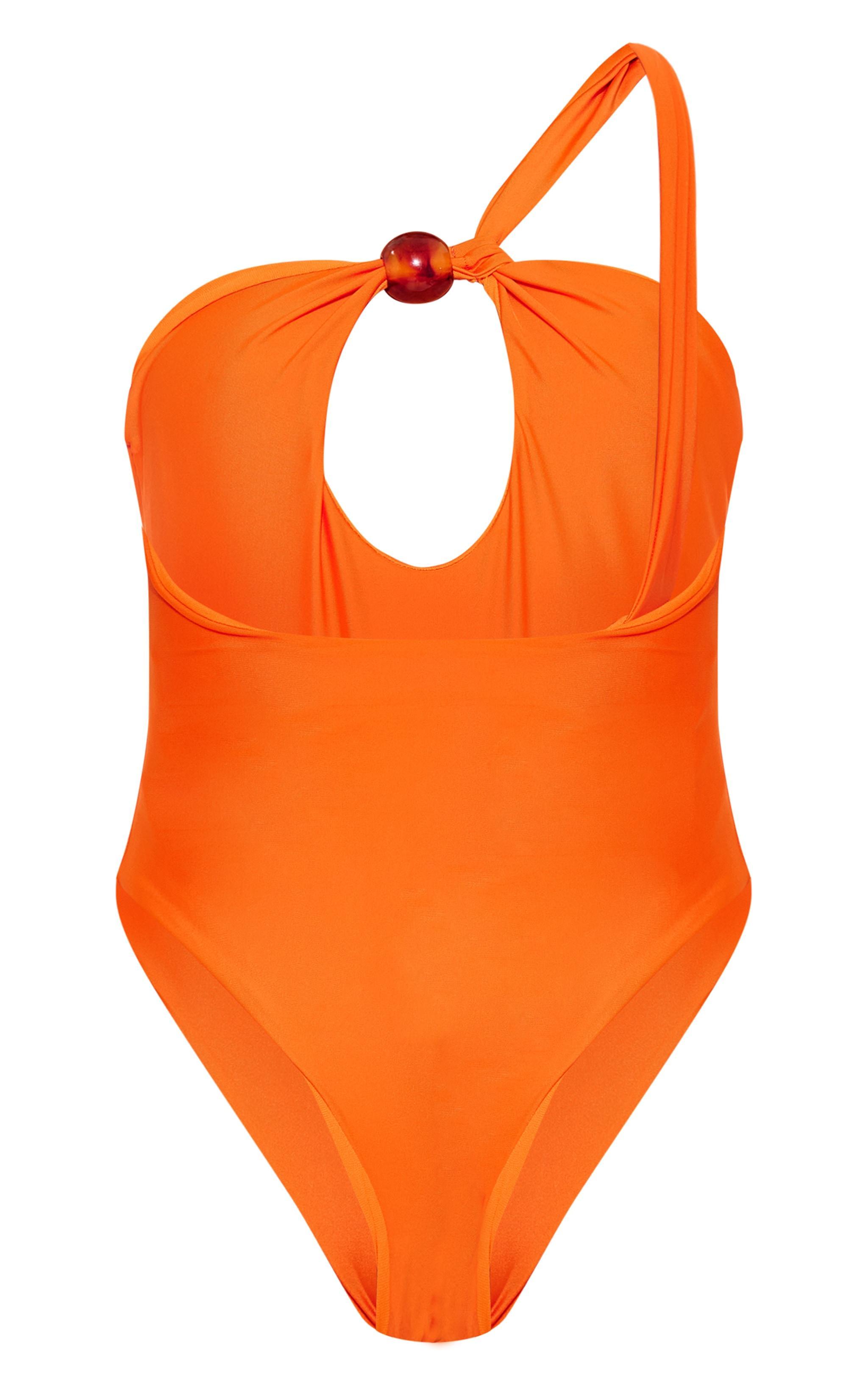 Orange Bead Detail One Shoulder Cut Out Swimsuit Product Image