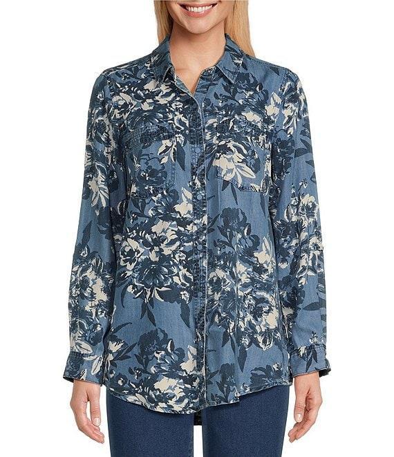 Intro Lyocell Floral Print Collared Long Roll-Tab Sleeve Snap Front Shirt Product Image