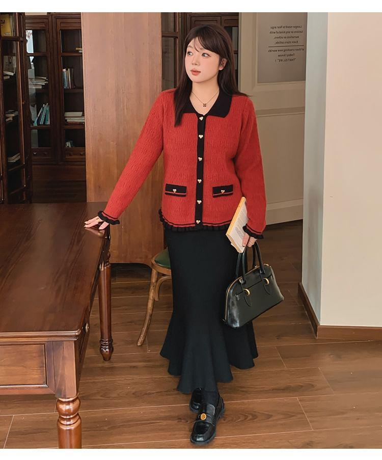 Contrast Collar Heart Button-Up Cardigan Product Image