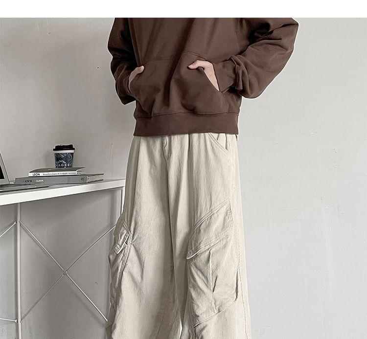 Mid Rise Plain Corduroy Wide Leg Cargo Pants Product Image