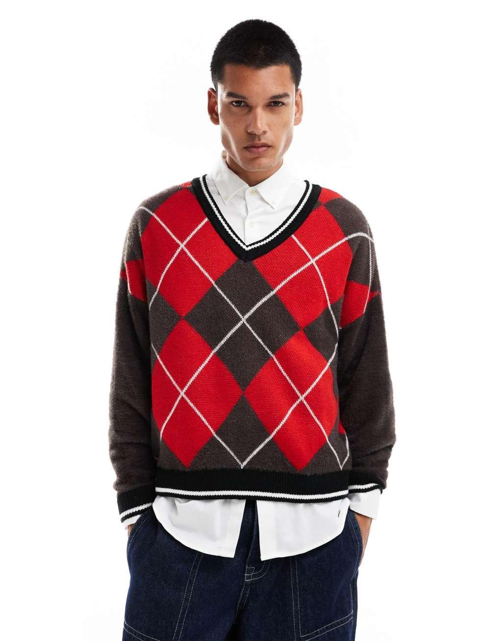 ASOS DESIGN oversized knitted crew neck sweater with argyle pattern in brown and red Product Image