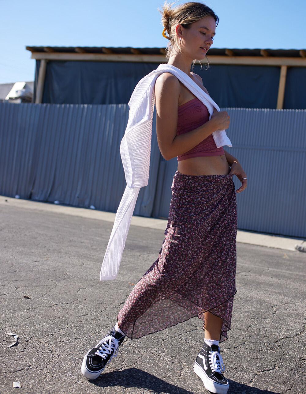 RSQ Womens Low Rise Asymmetrical Mesh Midi Skirt - BURGUNDY COMBO Product Image