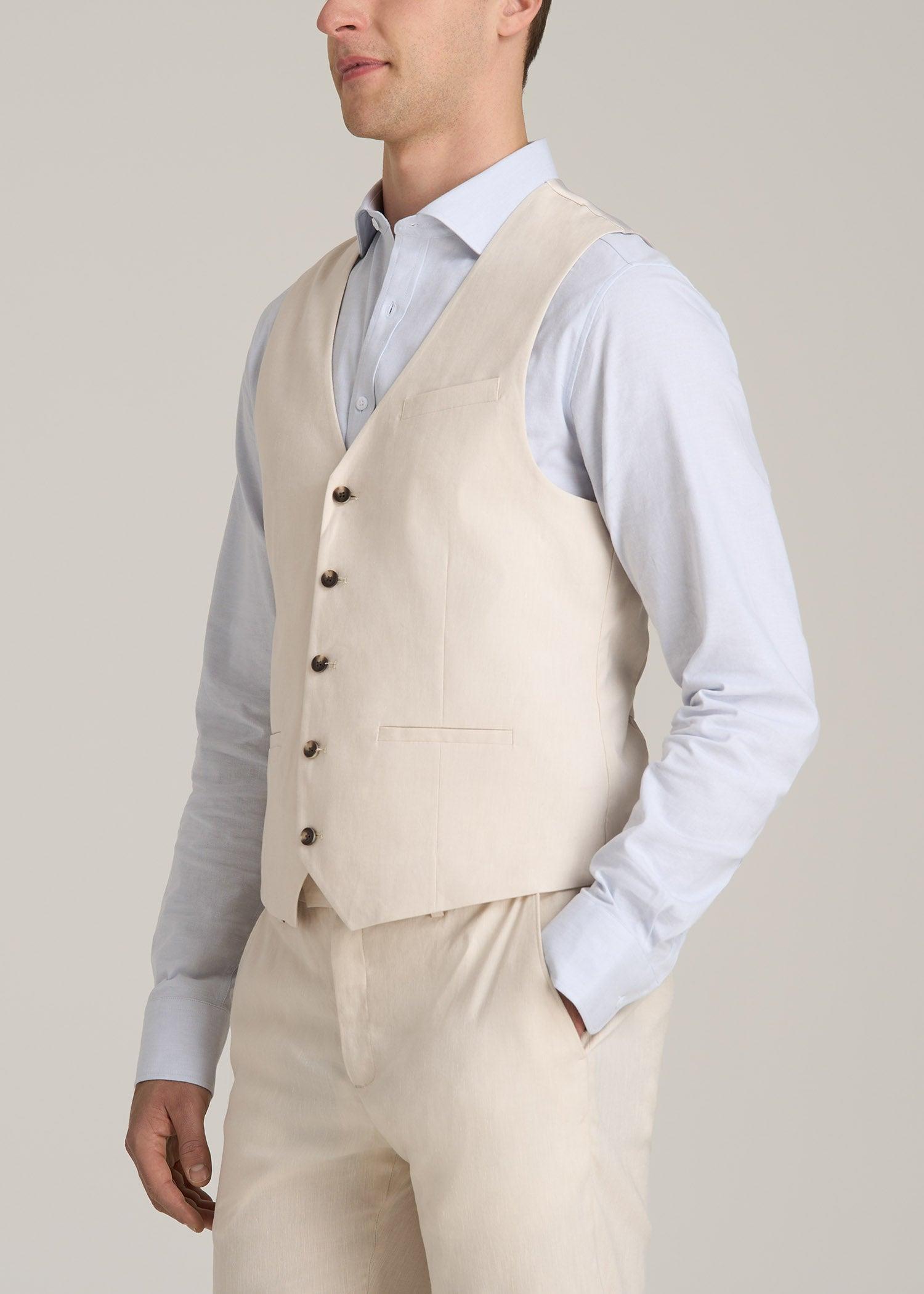 Stretch Linen Suit Vest for Tall Men in Light Beige Linen Product Image