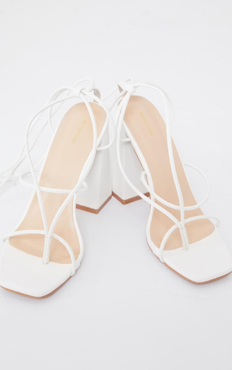 White PU Toe Detail Lace Up High Block Heeled Sandals Product Image