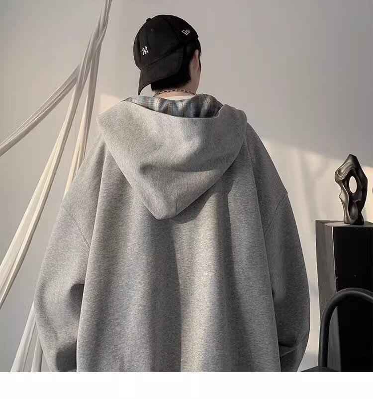 Hooded Plain Zip Button Jacket Product Image