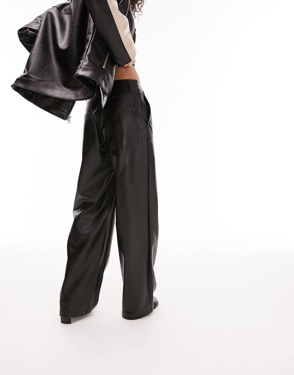 Topshop faux leather wide leg pants in black Product Image