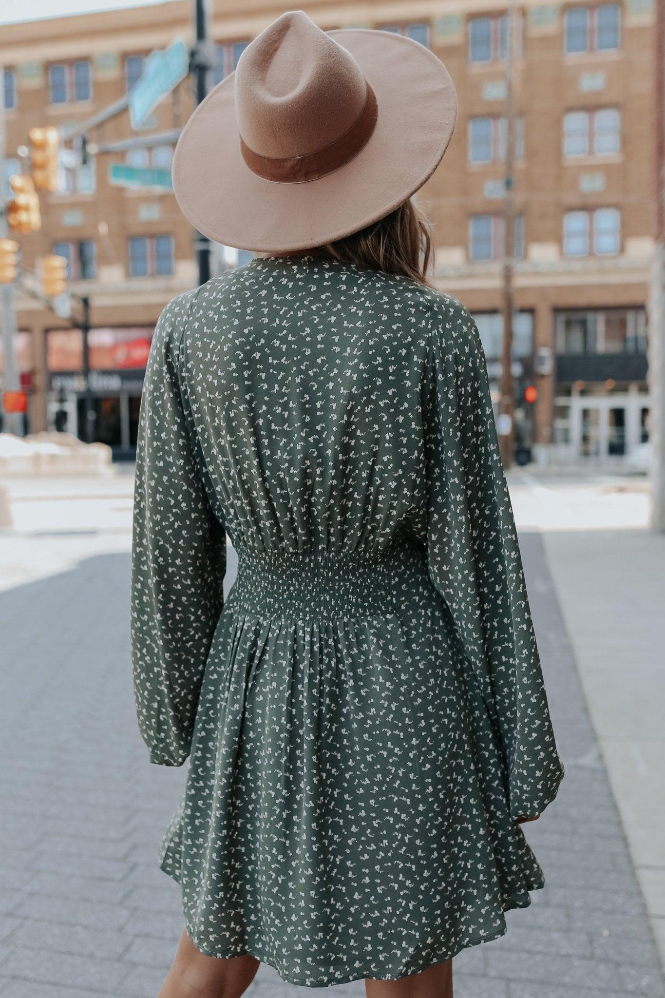 Olive Print V Neck Smocked Mini Dress - FINAL SALE Product Image