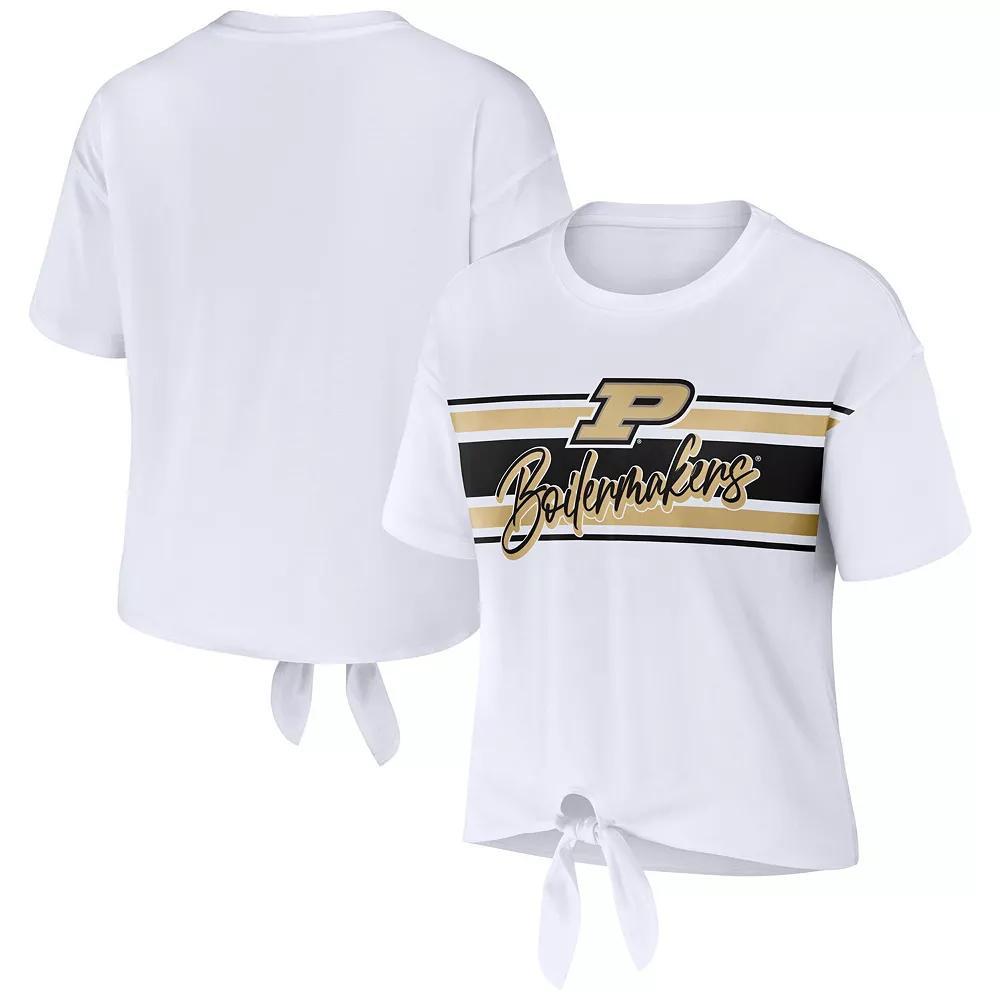 Women's WEAR by Erin Andrews White Purdue Boilermakers Striped Front Knot Cropped T-Shirt, Size: XL Product Image