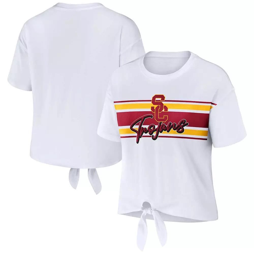 Women's WEAR by Erin Andrews White USC Trojans Striped Front Knot Cropped T-Shirt,  Product Image