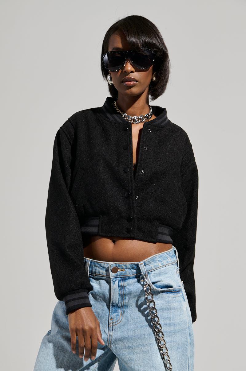 DAVIS EVERYDAY CROPPED VARSITY BOMBER IN BLACK Product Image